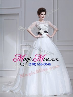 Fabulous Scoop Half Sleeves Organza Wedding Gowns Beading and Appliques Brush Train Zipper