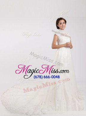 Low Price With Train White Wedding Dresses High-neck Short Sleeves Chapel Train Clasp Handle