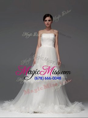 Sleeveless Tulle With Brush Train Lace Up Bridal Gown in White for with Ruffled Layers and Ruching