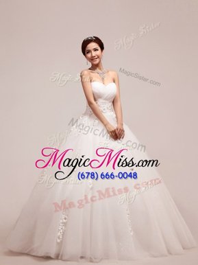 Luxurious Sleeveless Floor Length Appliques and Ruching and Hand Made Flower Lace Up Bridal Gown with White