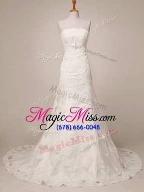 Fitting White Wedding Gown Wedding Party and For with Lace Strapless Sleeveless Brush Train Lace Up