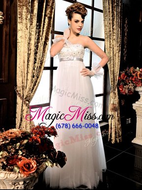 Charming Lace and Belt Bridal Gown White Lace Up Sleeveless Floor Length