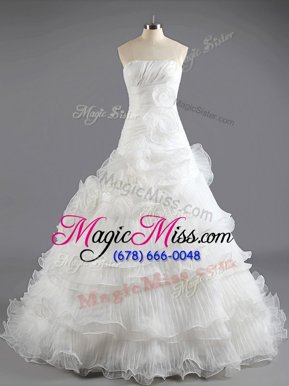 Glittering White Organza Lace Up Strapless Sleeveless With Train Wedding Dresses Court Train Ruffled Layers