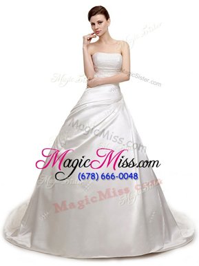 Gorgeous Ruching Wedding Dresses White Lace Up Sleeveless With Train Court Train