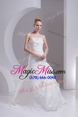 Sumptuous White Taffeta Side Zipper Strapless Sleeveless Bridal Gown Brush Train Hand Made Flower