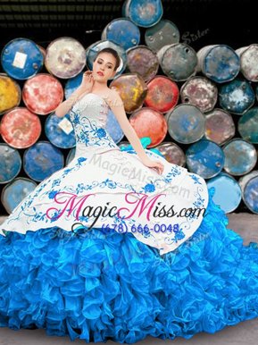 Pretty Blue And White Ball Gowns Organza Halter Top Sleeveless Appliques and Embroidery and Ruffles Floor Length Lace Up Vestidos de Quinceanera