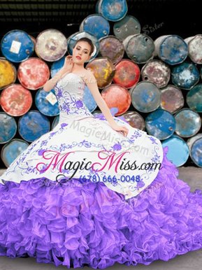 Cute Sleeveless Floor Length Appliques and Embroidery and Ruffles Lace Up Sweet 16 Dress with White And Purple