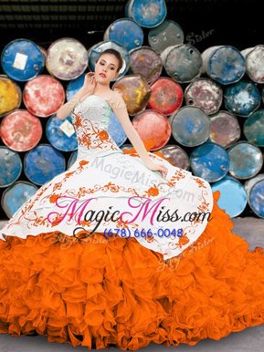 Great Orange Sweetheart Neckline Appliques and Embroidery and Ruffles Quinceanera Gown Sleeveless Lace Up