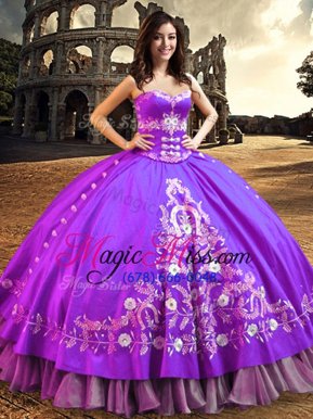 Fancy Floor Length Lace Up Quince Ball Gowns Purple and In for Military Ball and Sweet 16 and Quinceanera with Embroidery