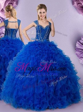 Dazzling Straps Cap Sleeves Lace Up Quince Ball Gowns Royal Blue Tulle