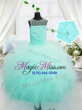 Affordable Scoop Turquoise Tulle Zipper Pageant Gowns For Girls Sleeveless Floor Length Beading and Appliques