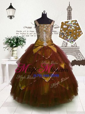 Customized Brown Lace Up Kids Pageant Dress Beading and Belt Sleeveless Floor Length