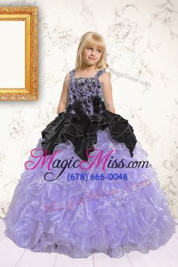 Nice Lavender Organza Lace Up Little Girl Pageant Gowns Sleeveless Floor Length Beading and Pick Ups