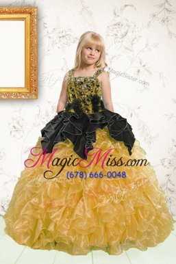 Custom Design Floor Length Gold Kids Pageant Dress Organza Sleeveless Beading and Pick Ups