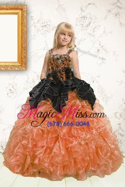 Beauteous Floor Length Lace Up Little Girls Pageant Dress Orange and In for Party and Wedding Party with Beading and Pick Ups