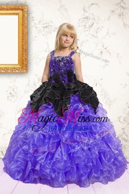 Inexpensive Floor Length Black and Purple Little Girl Pageant Dress Organza Sleeveless Beading and Ruffles