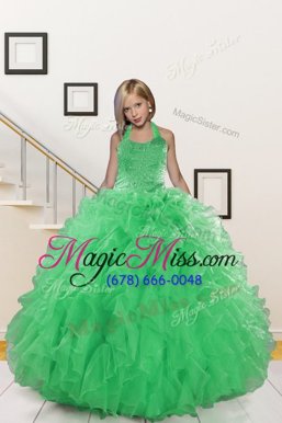 Best Halter Top Green Ball Gowns Beading and Ruffles Little Girls Pageant Dress Wholesale Lace Up Organza Sleeveless Floor Length