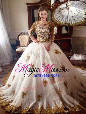 Unique Scoop With Train Ball Gowns Long Sleeves White Sweet 16 Dress Chapel Train Zipper