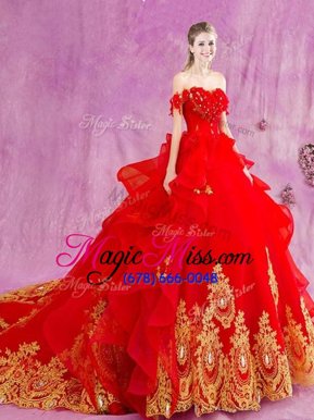 Best Selling Off the Shoulder Sleeveless With Train Beading and Appliques and Ruffles Lace Up Quinceanera Dresses with Red Court Train