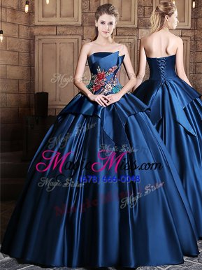 Graceful Sleeveless Floor Length Appliques Lace Up Vestidos de Quinceanera with Navy Blue