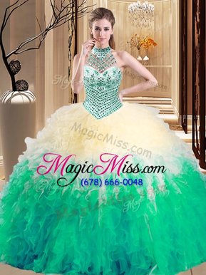 Attractive Halter Top Sleeveless Lace Up Quinceanera Dress Multi-color Tulle