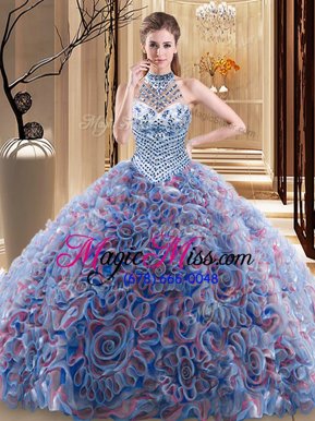 Romantic Halter Top Sleeveless Brush Train Lace Up With Train Beading Quinceanera Dresses