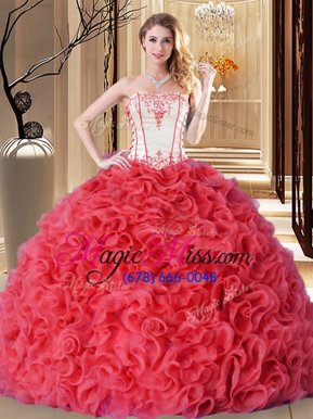 Lovely Strapless Sleeveless Lace Up Sweet 16 Quinceanera Dress Coral Red Fabric With Rolling Flowers