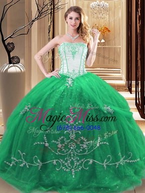 Discount Green Ball Gowns Tulle Strapless Sleeveless Embroidery Floor Length Lace Up Vestidos de Quinceanera