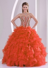 Ball Gown Sweetheart Ruffles and Beaded Decorate Red Quinceanera Gowns