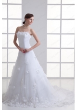 A-line Strapless Appliques Lace Court Train Wedding Dress