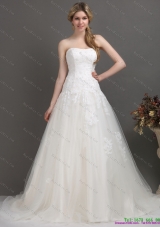 2015 Modest Strapless Brush Train Wedding Dress with Beading