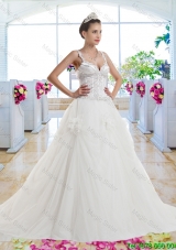 Luxurious Straps Beaded Hand Made Flowers Wedding Gown