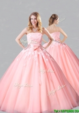 Classical Court Train Belted and Applique Sweet 16 Dress in Baby Pink