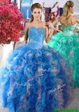 Luxurious Beaded and Ruffled Organza Quinceanera Dress in Blue and White