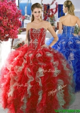 Discount Red and White Sweet 16 Dress with Beading and Ruffles