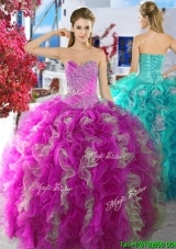 Cheap Fuchsia and White Organza Sweet 16 Dress with Beading and Ruffles