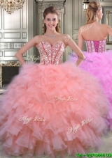 Visible Boning Beaded Bodice and Ruffled Quinceanera Dress in Watermelon Red