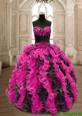 Modest Hot Pink and Black Quinceanera Dress with Beading and Ruffles