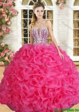 Affordable Hot Pink Sweet 16 Dress with Beading and Ruffles