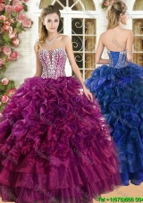 Popular Ruffled and Beaded Organza Quinceanera Dress in Burgundy