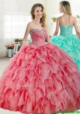 Discount Coral Red Quinceanera Dress with Beading and Ruffles