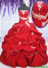 Romantic Puffy Skirt Red Sweet 15 Dress with Appliques and Pick Ups