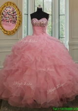 2017 New Style Beaded and Ruffled Pink Quinceanera Dress in Organza