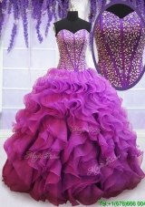 Affordable Visible Boning Eggplant Purple Quinceanera Dress with Beaded Bodice and Ruffles