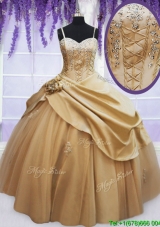 Exquisite Spaghetti Straps Taffeta Champagne Quinceanera Dress with Appliques