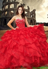 Western Style Fashionable Visible Boning Red Sweet 15 Dress with Beading and Ruffles