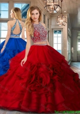 Best Selling Two Piece Open Back Red Quinceanera Dress with Brush Train