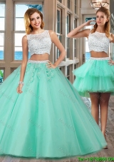 Elegant Puffy Bateau Brush Train Beading and Appliques Detachable Quinceanera Dresses in Apple Green