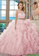 Fashionable Ball Gown Scoop Brush Train Baby Pink Two Piece Quinceanera Dresses with Beading and Ruffles