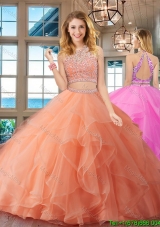 Luxurious Beaded Bodice and Ruffled Peach Quinceanera Dress with Brush Train